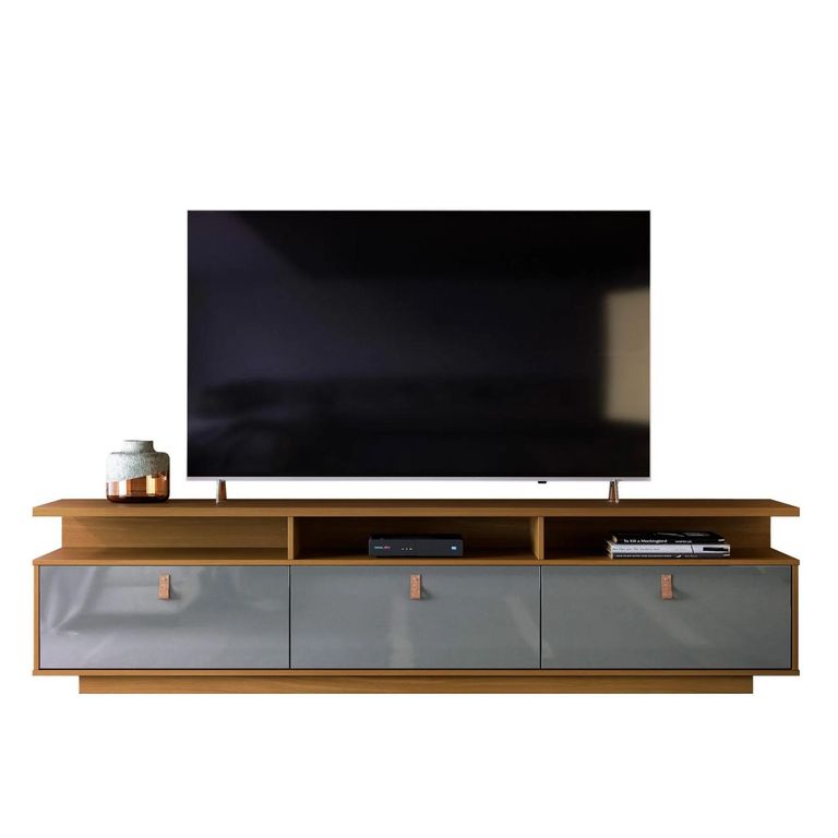 Rack TV 75"3 puertas con brazo hidraulico y ruedas café gris cinza