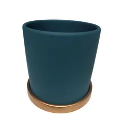DECOGREEN - Macetero Cilindro con Plato L de Arcilla 18x18 cm Verde y Dorado