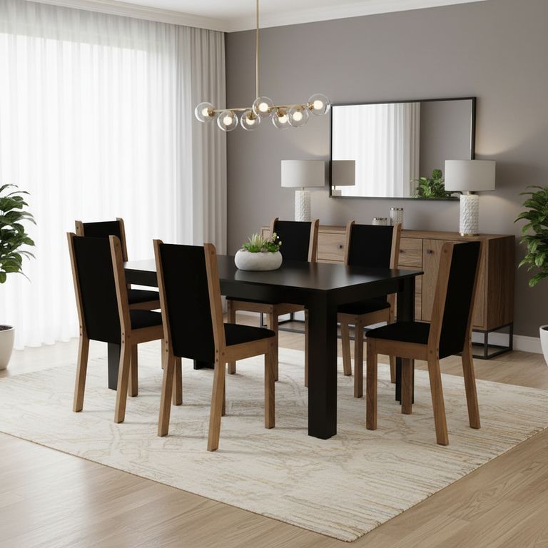 Juego de Comedor Lola Suecia 6 Sillas Mesa Rectangular 75x76x136 cm Negro