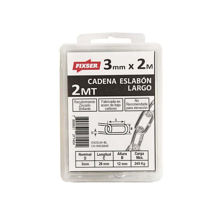 Cadena Acero Eslabón Largo 3 mm 2 m Plateado