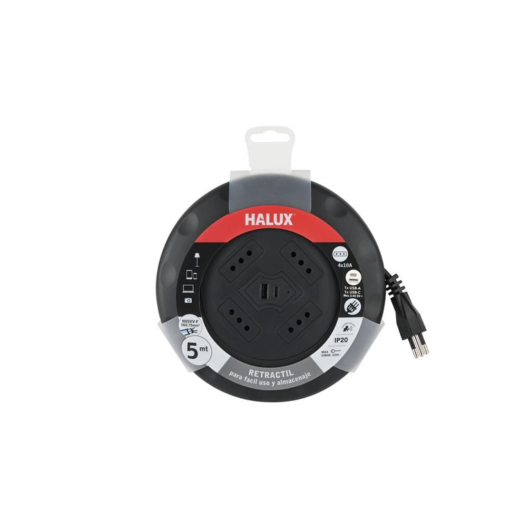 Alargador Retráctil 4 Tomas USB A + USB C 5 m Negro