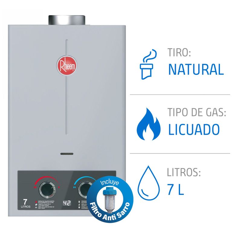 Calefon Gas Licuado 7 Litros Tiro Natural Ionizado + Filtro Antisarro