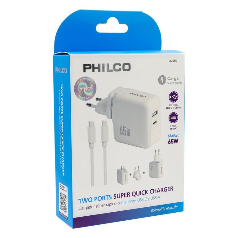 Cargador De Pared Super Rápido 65W Usb Tipo A Y C