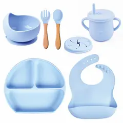 KIDSCOOL - Set de Alimentación Silicona 6 piezas Celeste