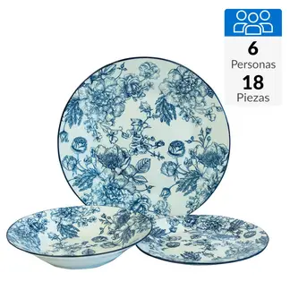 DORAL - Juego de Loza Vajilla 18 Piezas Porcelana Stella Azul 6 Personas