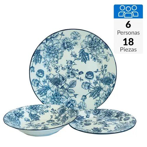 DORAL - Juego de Loza Vajilla 18 Piezas Porcelana Stella Azul 6 Personas