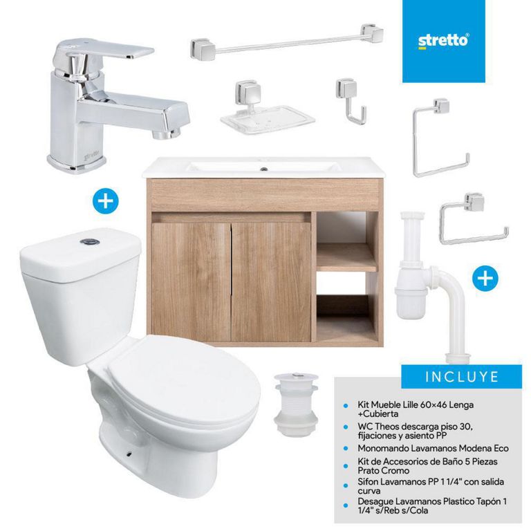 Combo Mueble Baño/ Wc/Grifería/Accesorios Lille 60 Lenga
