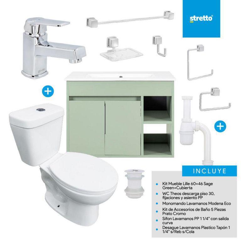 Combo Mueble Baño/ Wc/Grifería/Accesorios Lille 60 Sage Green