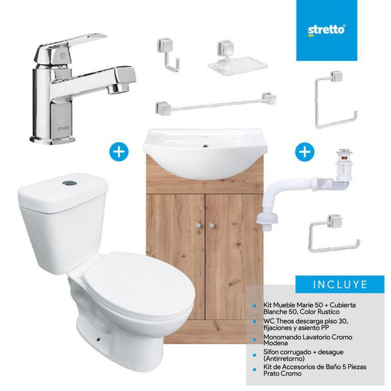 Combo Mueble Baño/ Wc/Grifería/Accesorios Marie 50 Rustico