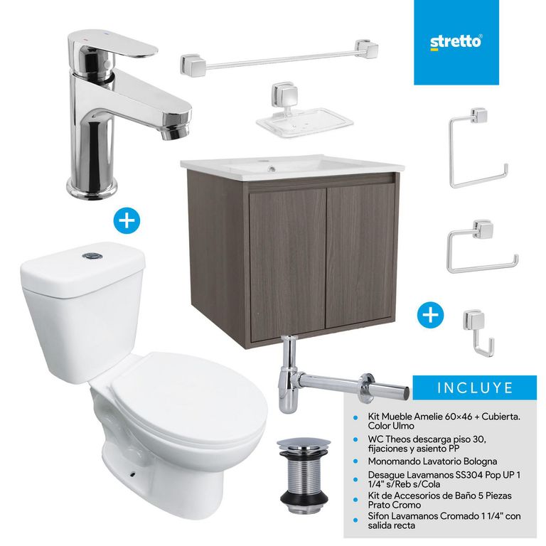 Combo Mueble Baño/ Wc/Grifería/Accesorios Amelie 60 Ulmo y Bologna
