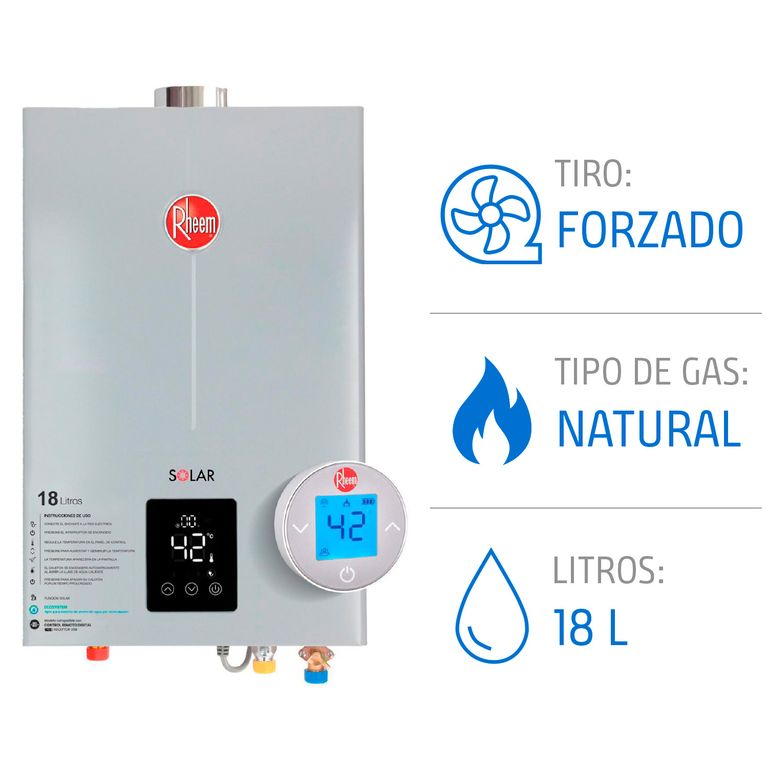 Calefón con Control Remoto 18 Litros Gas Natural Tiro Forzado Ionizado