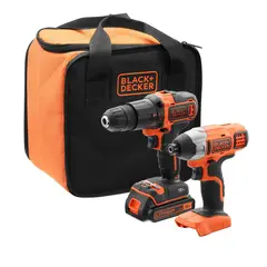BLACK+DECKER - Kit Taladro Percutor + Atornillador 20V + Batería + Cargador + Bolso