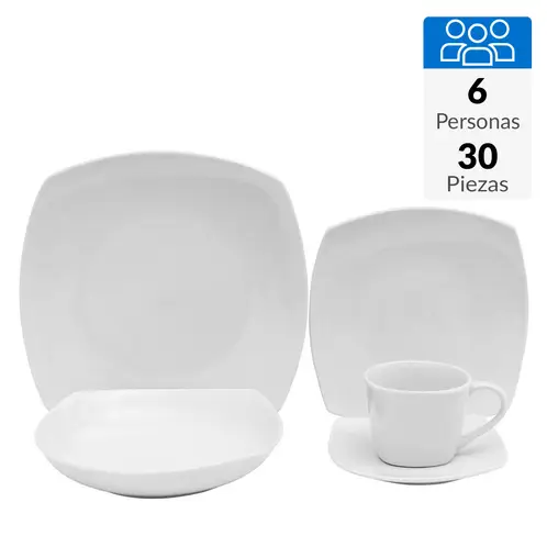 JUST HOME COLLECTION - Juego de Loza 30 Piezas Porcelana Cuadrado Blanco