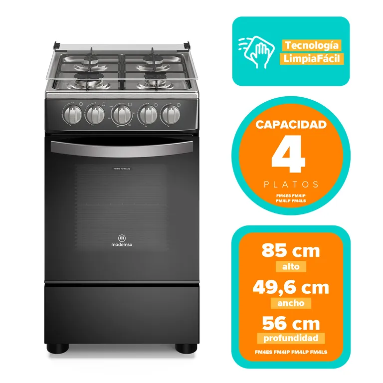 Cocina a Gas 4 Platos Negro FM4LP