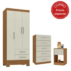 MOBILFRANK - Combo Clóset 3 Puertas + Cómoda 5 Cajones + Velador Canela y Blanco Off White