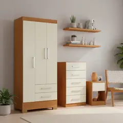 MOBILFRANK - Combo Clóset 3 Puertas + Cómoda 5 Cajones + Velador Canela y Blanco Off White