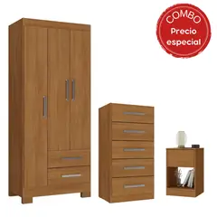 MOBILFRANK - Combo Clóset 3 Puertas + Cómoda 5 Cajones + Velador Canela