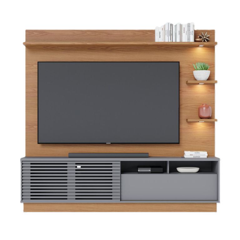 Panel Rack TV 70" Campeche Freijo Cinza 193x200x40.9 cm