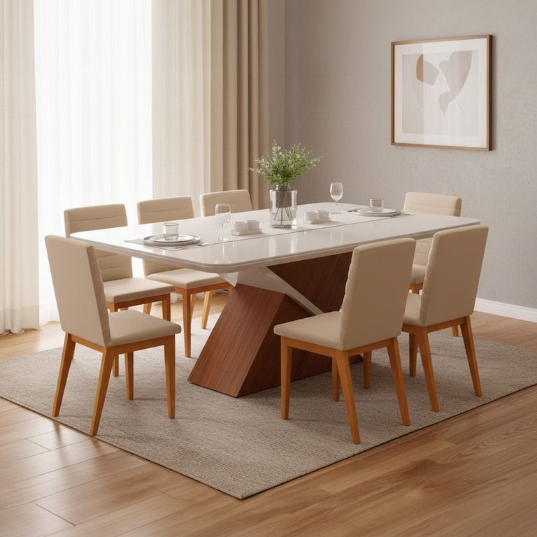 Juego de comedor Zafira 8 Sillas Mesa Rectangular 200x81,5x100 cm Blanco