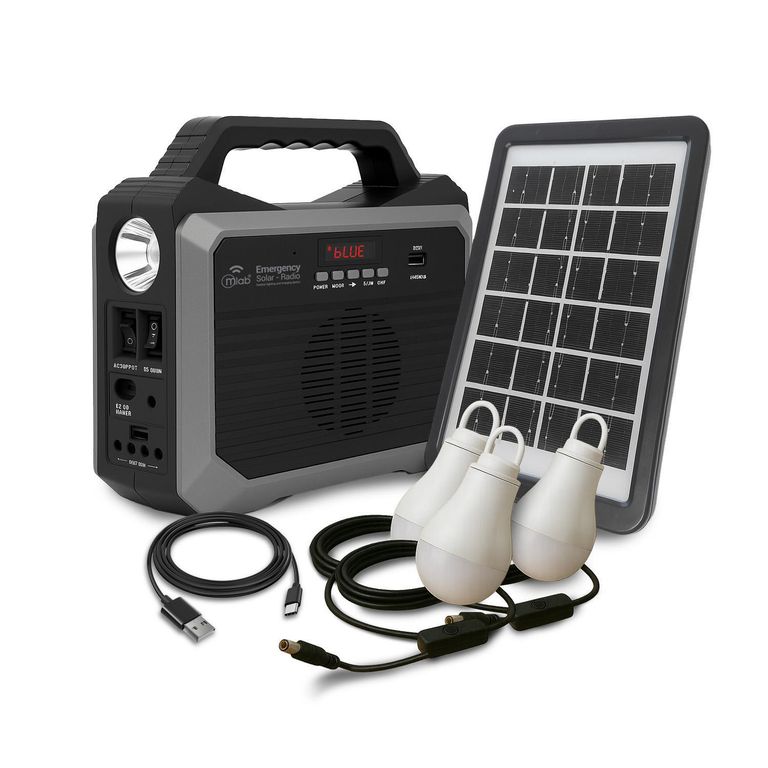 Radio bateria emergencia solar con lampara + 3 ampolletas con usb
