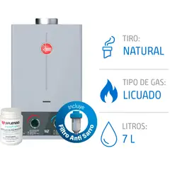 RHEEM - Calefón Gas Licuado 7 Litros + Filtro Antisarro + Recarga Filtro Polifosfato