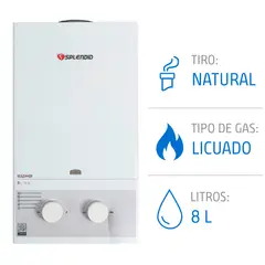 SPLENDID - Calefón Gas Licuado 8 Litros Tiro Natural Ionizado + Kit Regulador con Flexible + Filtro Antisarro