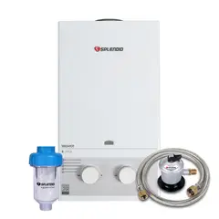 SPLENDID - Calefón Gas Licuado 8 Litros Tiro Natural Ionizado + Kit Regulador con Flexible + Filtro Antisarro