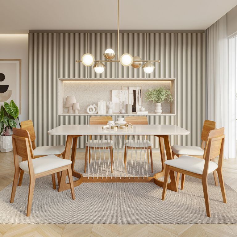 Juego de Comedor Tulipa 6 Sillas Mesa Rectangular 180x90x78.6 cm Beige