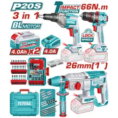 TOTAL - Kit Taladro + Rotomartillo + Arotnillador Inalambrico