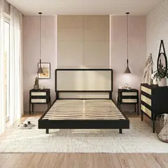 DECOCASA - Cama + 2 Veladores + Cómoda 2 plazas de Estructura Oslo Negro
