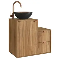 MOBILFRANK - Mueble baño AC1415N Mueble color Nogal. Lavamanos de aluminio color Negro por fuera y Cobre por dentro 62x48x40 cm
