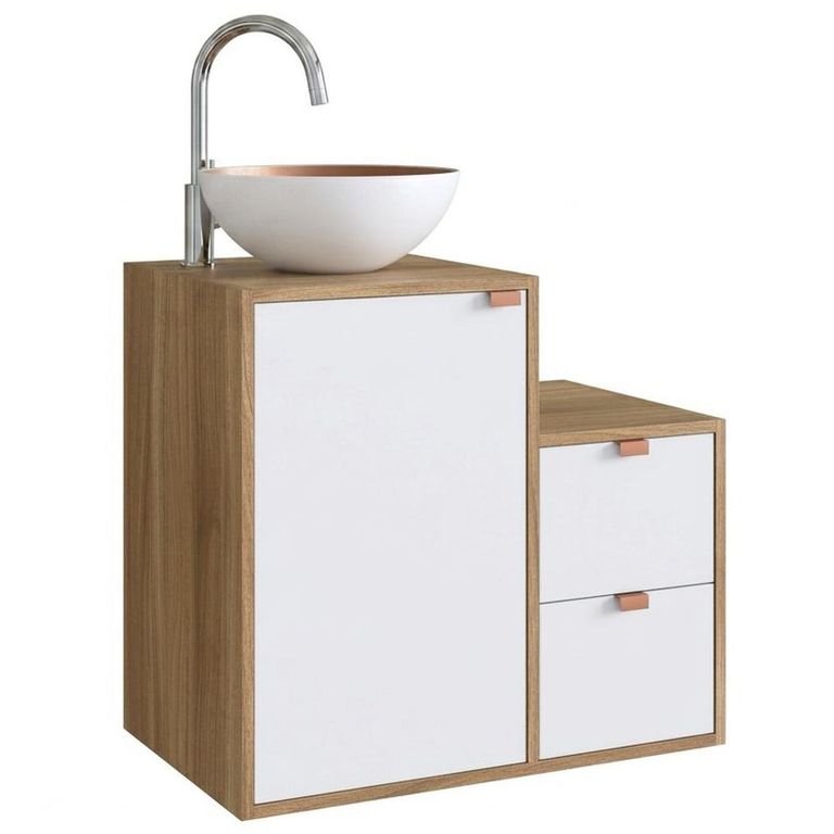 Mueble baño AC1415NB Mueble color Nogal con puertas y cajones en color Blanco. Lavamanos en aluminio Blanco por fuera y color Cobre por dentro. 62x48x40 cm