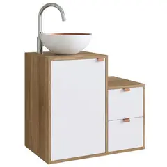 MOBILFRANK - Mueble baño AC1415NB Mueble color Nogal con puertas y cajones en color Blanco. Lavamanos en aluminio Blanco por fuera y color Cobre por dentro. 62x48x40 cm
