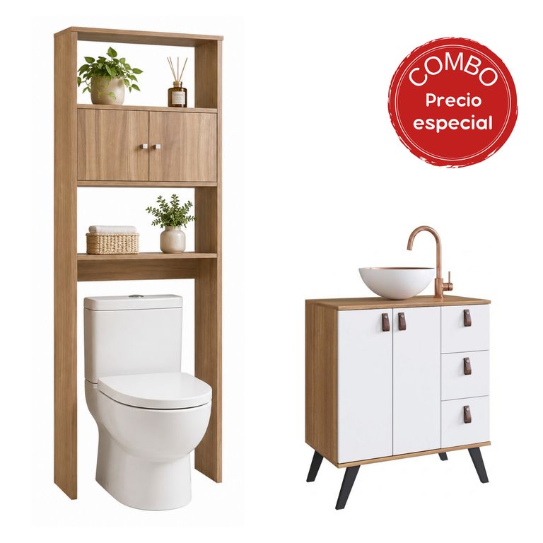 Combo mueble baño AC1416NB-65N Mueble color Nogal, puertas y cajones color Blanco y lavamanos en aluminio color Blanco por fuera y Cobre por dentro. Organizador color Nogal 68x75x39 cm