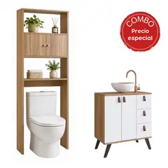 MOBILFRANK - Combo mueble baño AC1416NB-65N Mueble color Nogal, puertas y cajones color Blanco y lavamanos en aluminio color Blanco por fuera y Cobre por dentro. Organizador color Nogal 68x75x39 cm