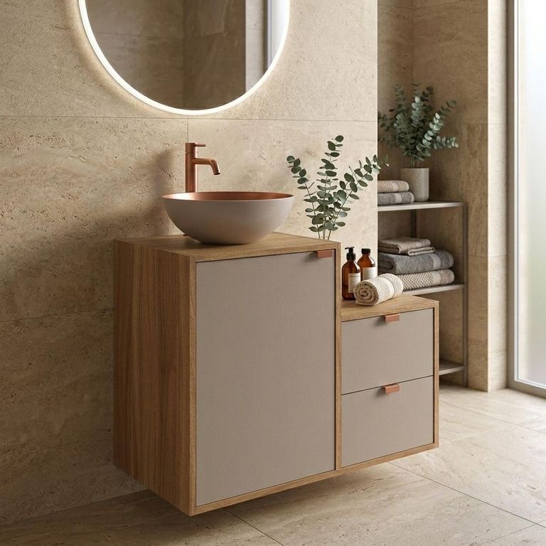 Mueble baño AC1415NC Mueble color Nogal. Puerta y cajones color Gris. Lavamanos en aluminio color Gris por fuera y Cobre por dentro. 62x48x40 cm