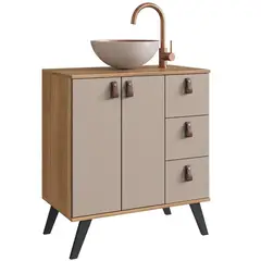 MOBILFRANK - Mueble baño AC1416NC Mueble color Nogal. Puertas y cajones en color Gris. Lavamanos de aluminio color Gris por fuera y Cobre por dentro 68x75x39 cm