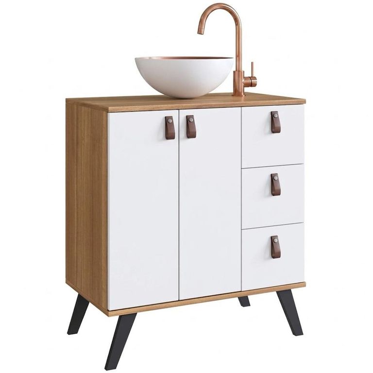 Mueble baño AC1416NB Mueble color Nogal. Puertas y cajones color Blanco. Lavamanos de aluminio color Blanco por fuera y Cobre por dentro. 68x75x39 cm