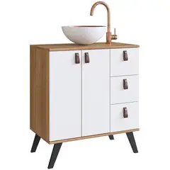 MOBILFRANK - Mueble baño AC1416NB Mueble color Nogal. Puertas y cajones color Blanco. Lavamanos de aluminio color Blanco por fuera y Cobre por dentro. 68x75x39 cm