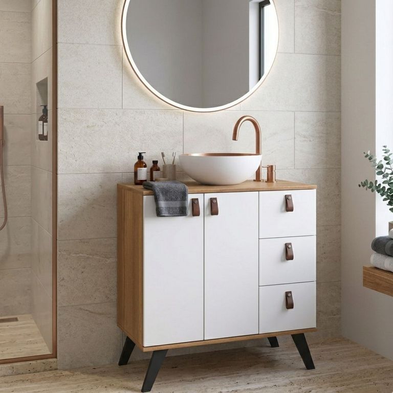 Mueble baño AC1416NB Mueble color Nogal. Puertas y cajones color Blanco. Lavamanos de aluminio color Blanco por fuera y Cobre por dentro. 68x75x39 cm