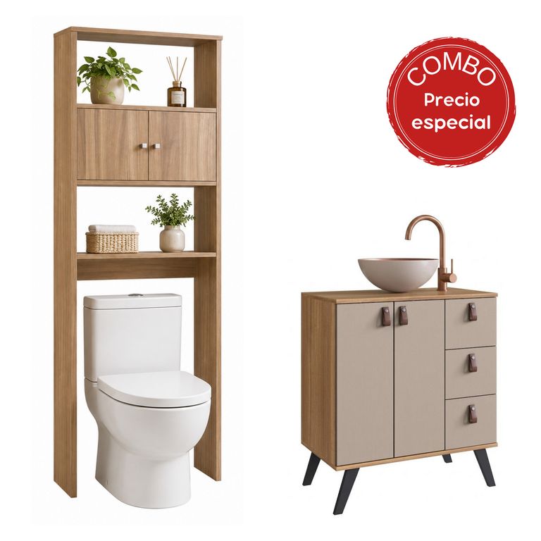 Combo mueble baño AC1416NC-65N Mueble color Nogal con puertas y cajones color Gris. Lavamanos en aluminio color Gris por fuera y Cobre por dentro. Organizador color Nogal. 68x75x39 cm