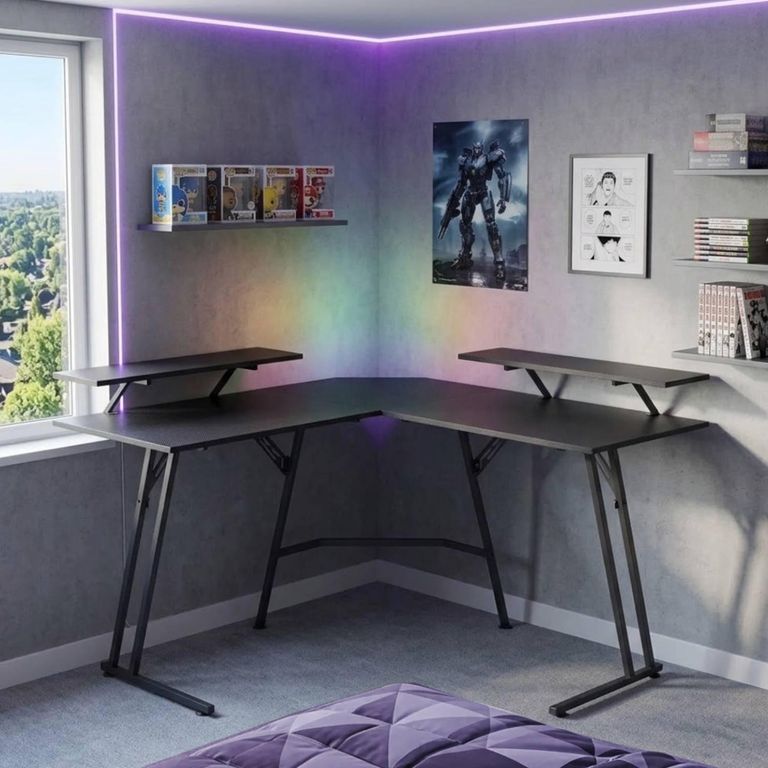Escritorio Gamer en L Games Luces LED y Doble Soporte Negro 120x74x50 cm