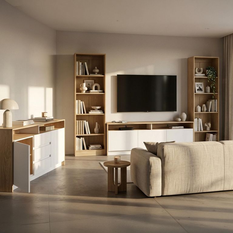 Combo Buffet + Rack + 2 Libreros Olmo/Blanco