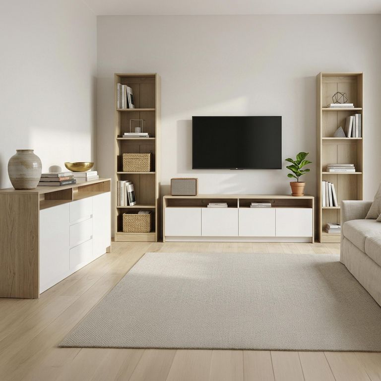 Combo Buffet + Rack + Librero Olmo Blanco
