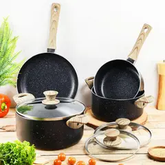 JUST HOME COLLECTION - Batería de cocina 7 Piezas Aluminio Marbel Negro