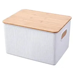 JUST HOME COLLECTION - Caja Plástica con Tapa Bambú 18x13x27.5 cm 6 l Blanco