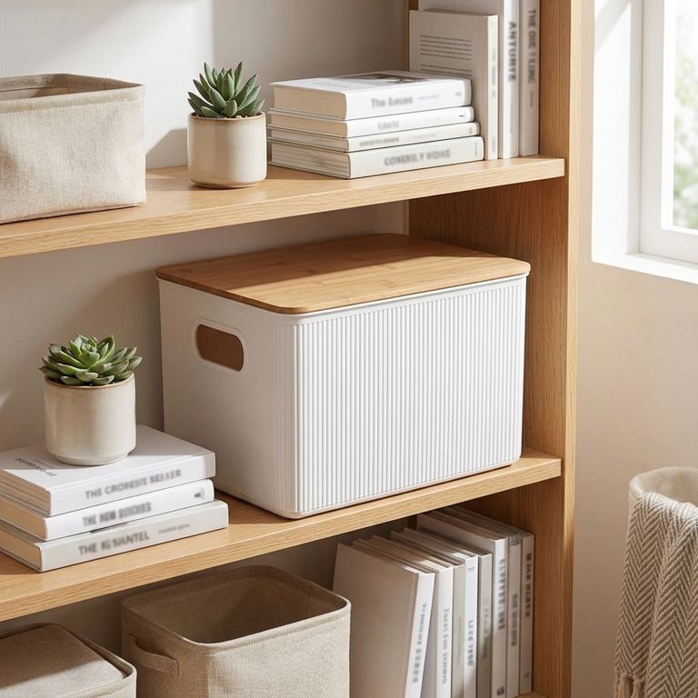 Caja Plástica con Tapa Bambú 18x13x27.5 cm 6 l Blanco