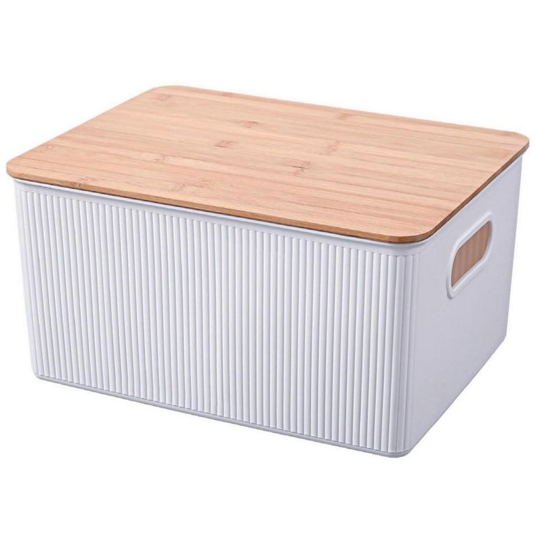 Caja Plástica con Tapa Bambú 29.5x16x38.5 cm 16 l Blanco