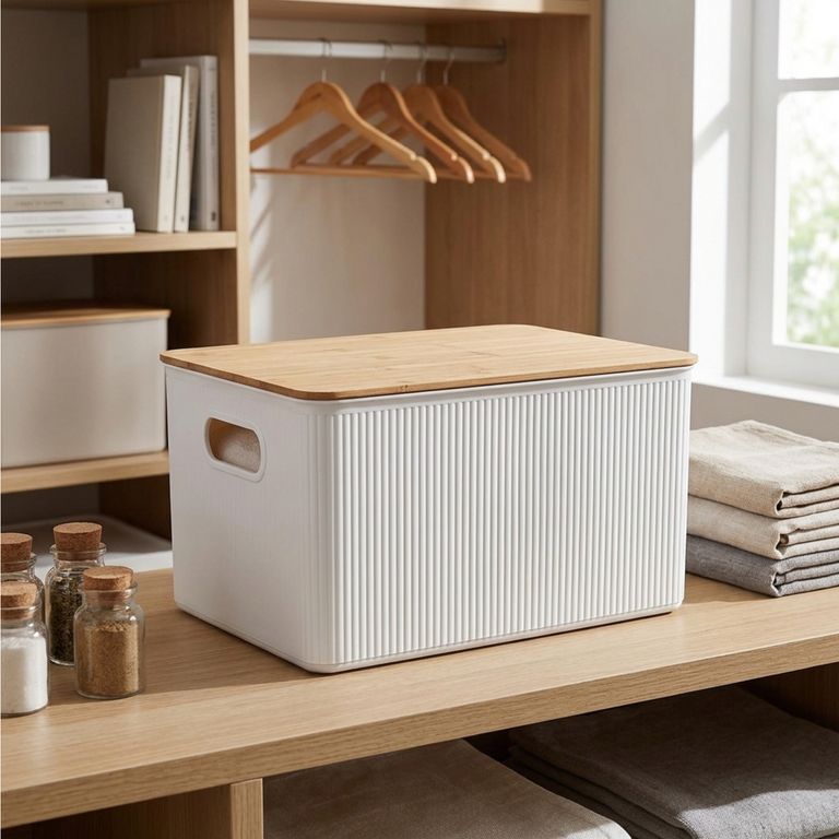 Caja Plástica con Tapa Bambú 29.5x16x38.5 cm 16 l Blanco
