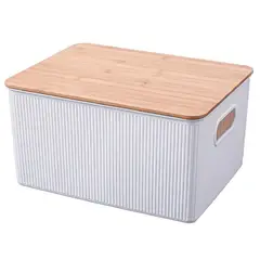 JUST HOME COLLECTION - Caja Plástica con Tapa Bambú 29.5x23x38.5 cm 23 l Blanco